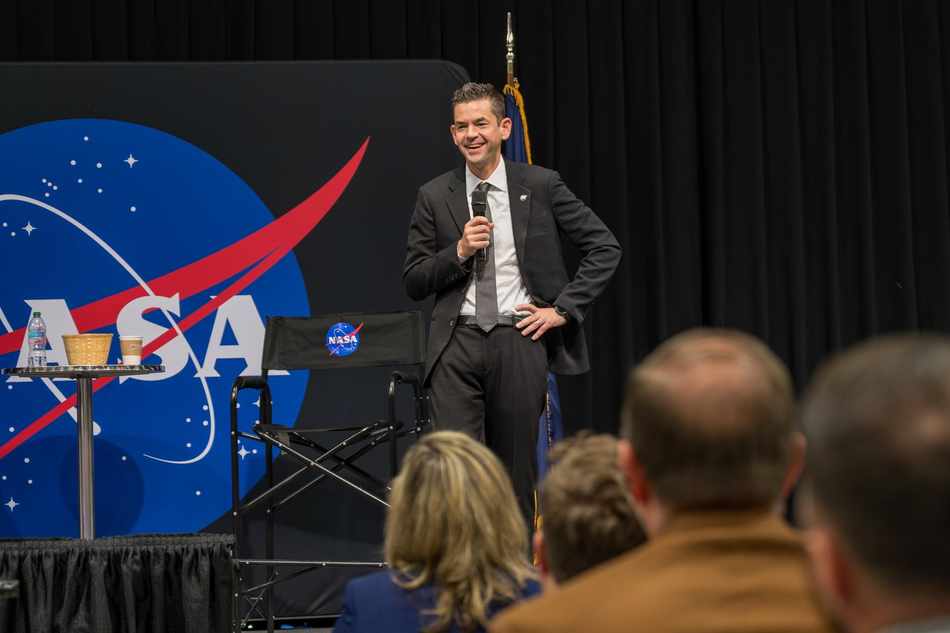 NASA Administrator Jared Isaacman visited Marshall Space Flight Center in Huntsville, Alabama, on Friday, Sept. 18, 2026. The administrator hosted an all-hands for Marshall team members, joined by Marshall Associate Director Roger Baird, and answered questions from the workforce.